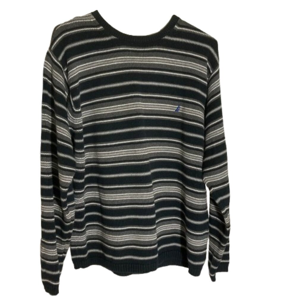 Nautica Men's LS Cotton Striped Sweater Crew Neck, Navy, Gray, White, sz Large